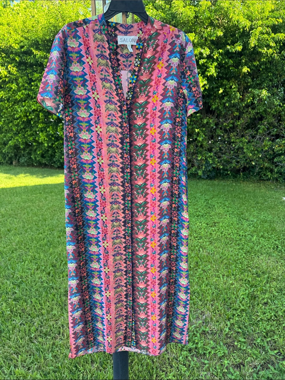SALONI Pink Multi-Print Short-Sleeve Midi Dress 100% Silk 4